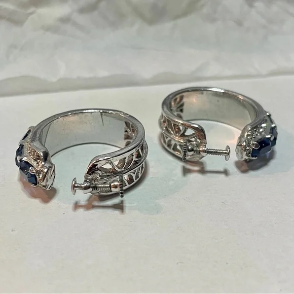 Silver-Toned Faux Blue Sapphire and Zirconia Hoop Earrings –Crystal Huggie Hoops - Picture 11 of 15